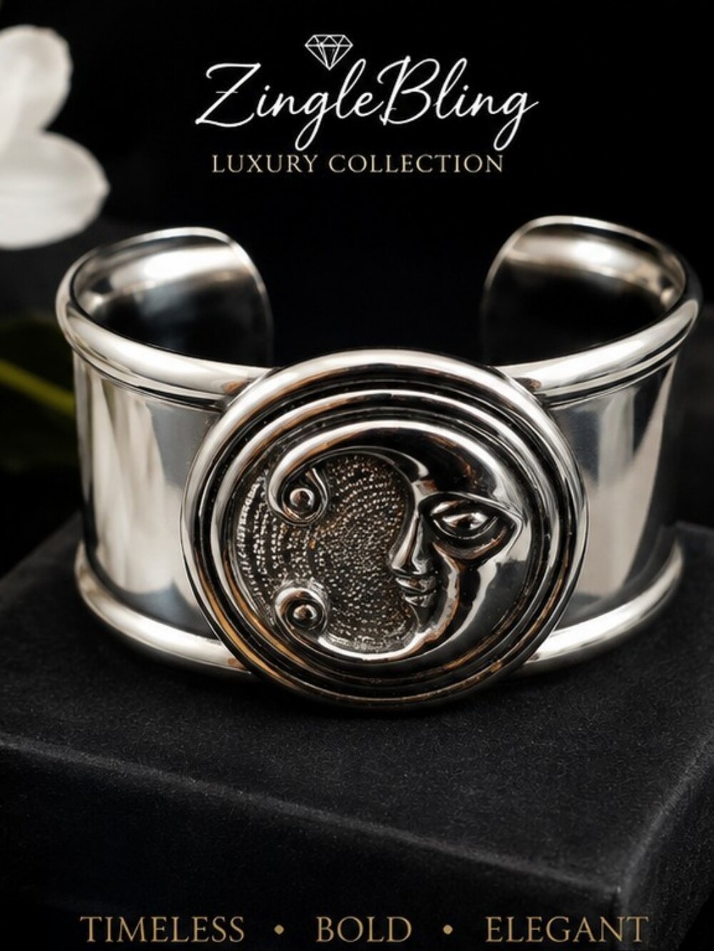 Vintage 1998 Celestial Moon Face Wide Cuff Bracelet Rhodium Over Stainless Steel